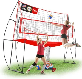 2-in-1 Volleyball Practice Net Station with Patented 5-Height (6'6'' to 8'), Heavy Duty Training System for Hitting Spiking Serving, Backyard Indoor Outdoor Trainer Equipment