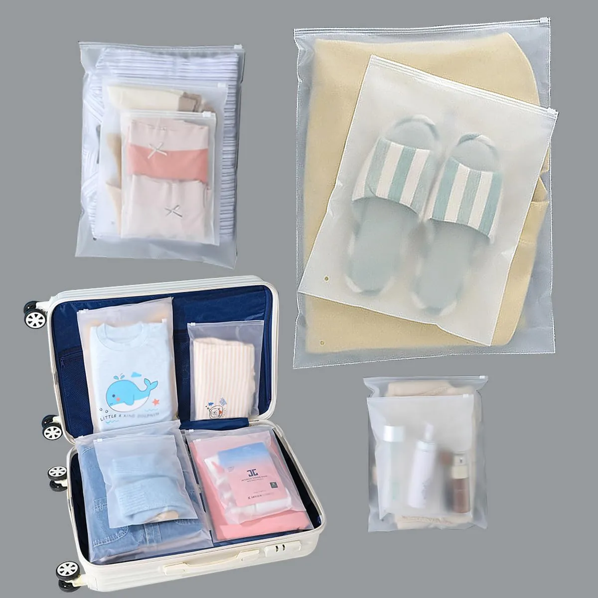 (20 pcs, 4 Sizes) Travel Luggage Organizer Bags, 4 Mil Slider Zip Plastic Clothing Packaging Bags, Travel/Home Storage and organizing pouches, Space Saver Bag (6''x9''-14x18'')