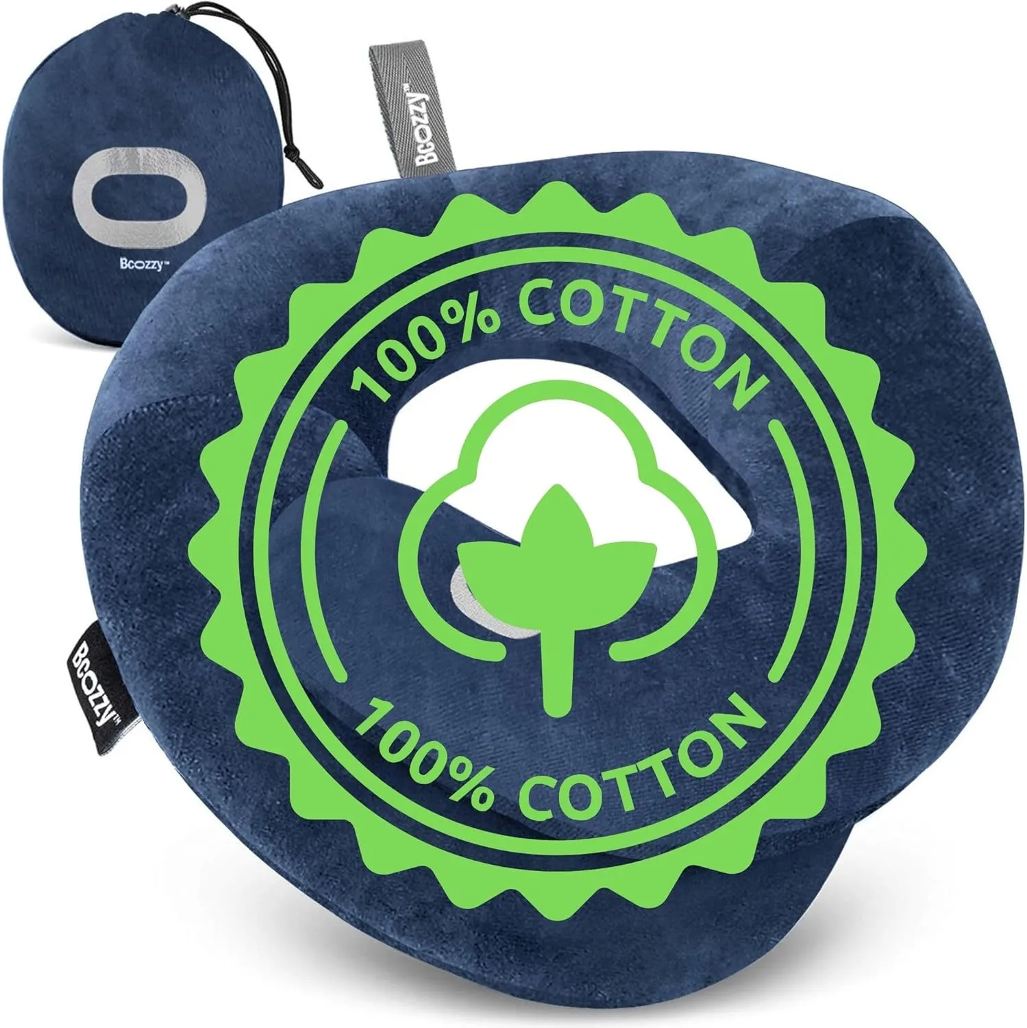 BCOZZY Organic Cotton Double Support Neck Pillow for Travel - 3 Ergonomic Positions for Head, Neck, and Chin Comfort - Ideal for Sleeping Upright on Flights, Cars, and at Home  Large, Navy