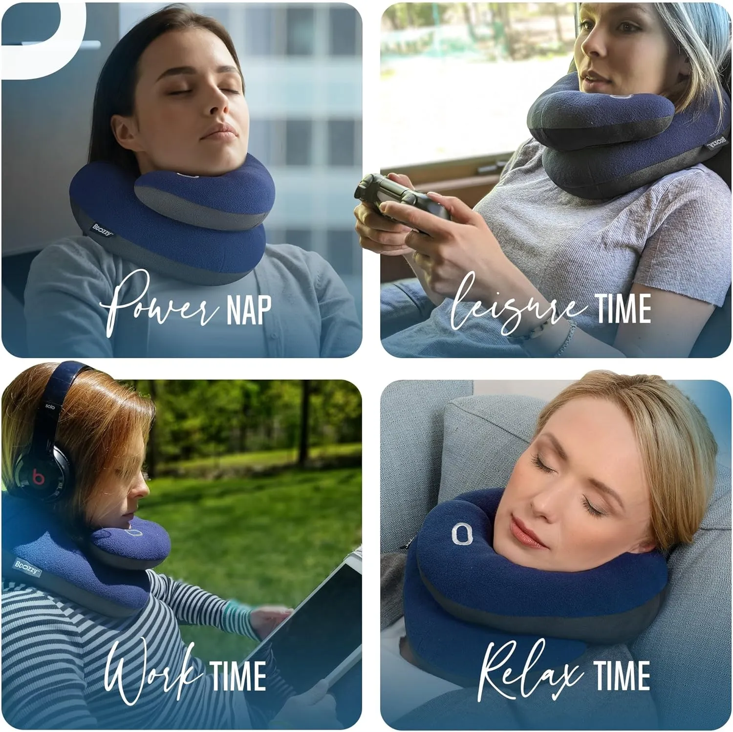 BCOZZY Organic Cotton Double Support Neck Pillow for Travel - 3 Ergonomic Positions for Head, Neck, and Chin Comfort - Ideal for Sleeping Upright on Flights, Cars, and at Home  Large, Navy