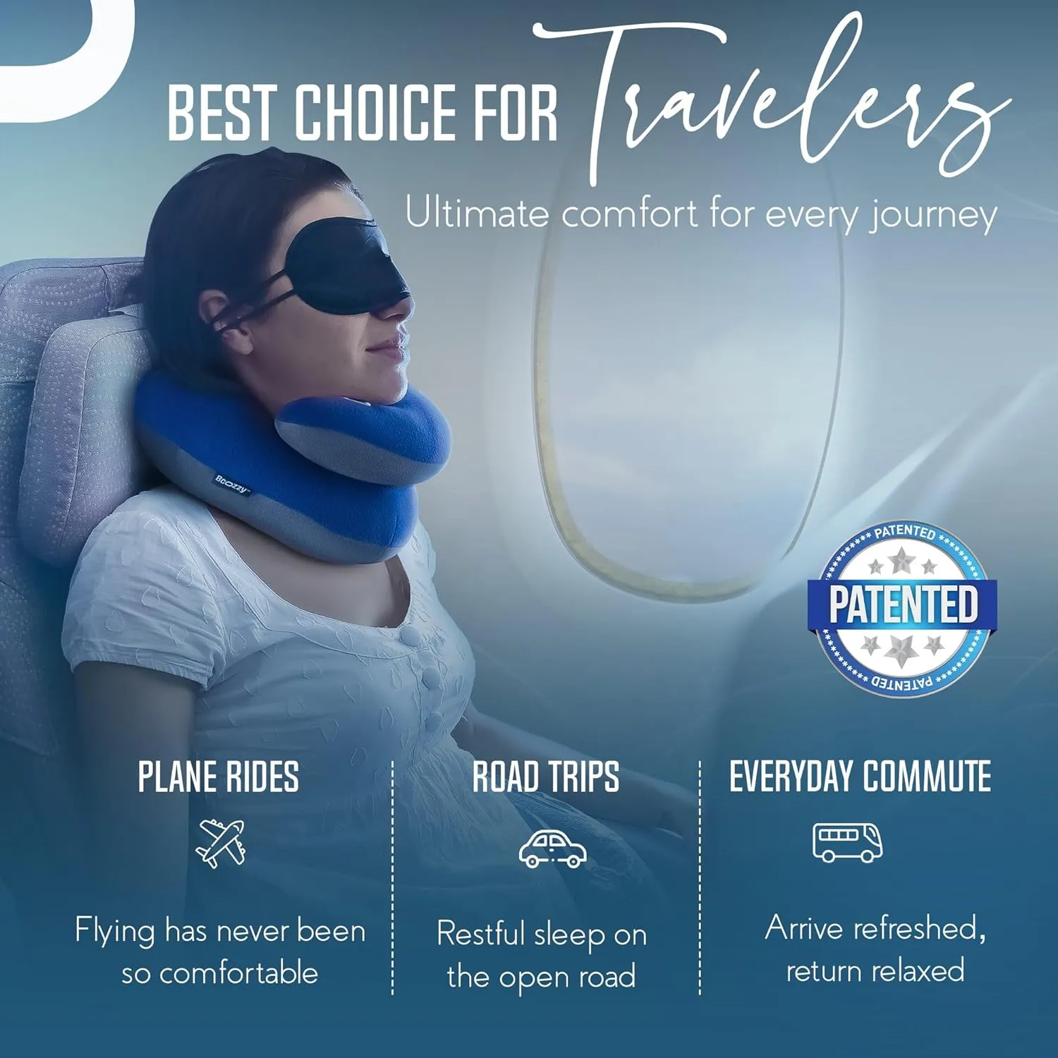 BCOZZY Organic Cotton Double Support Neck Pillow for Travel - 3 Ergonomic Positions for Head, Neck, and Chin Comfort - Ideal for Sleeping Upright on Flights, Cars, and at Home  Large, Navy