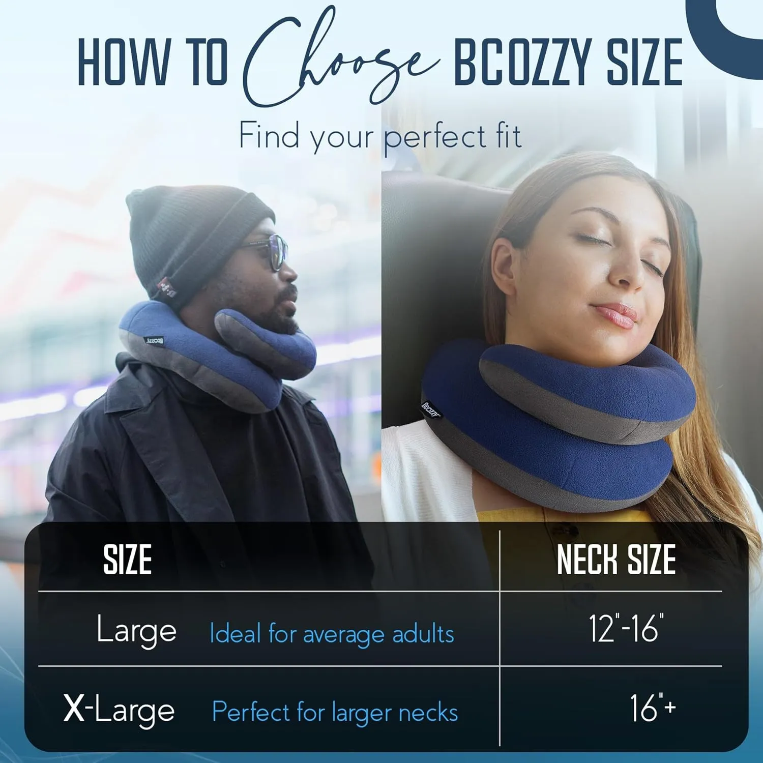 BCOZZY Organic Cotton Double Support Neck Pillow for Travel - 3 Ergonomic Positions for Head, Neck, and Chin Comfort - Ideal for Sleeping Upright on Flights, Cars, and at Home  Large, Navy