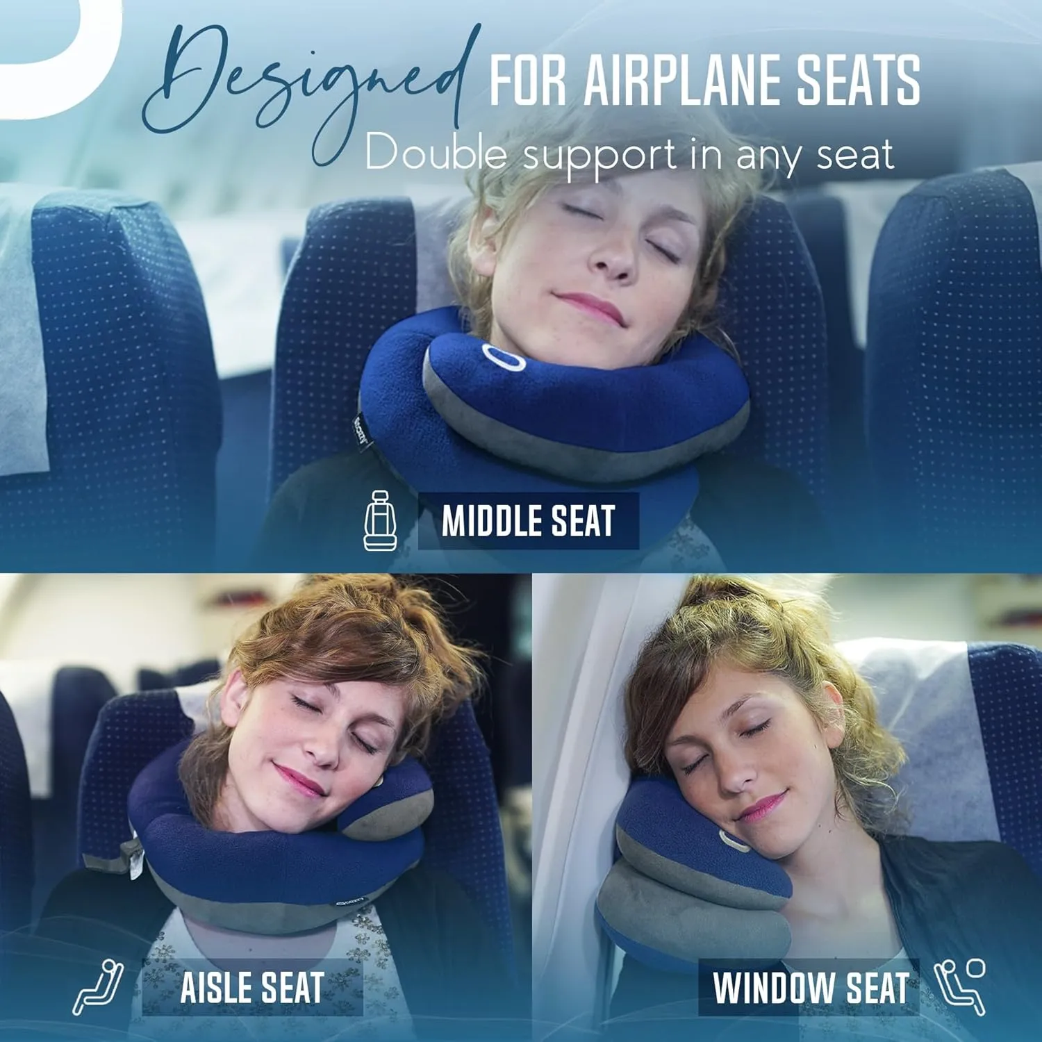BCOZZY Organic Cotton Double Support Neck Pillow for Travel - 3 Ergonomic Positions for Head, Neck, and Chin Comfort - Ideal for Sleeping Upright on Flights, Cars, and at Home  Large, Navy