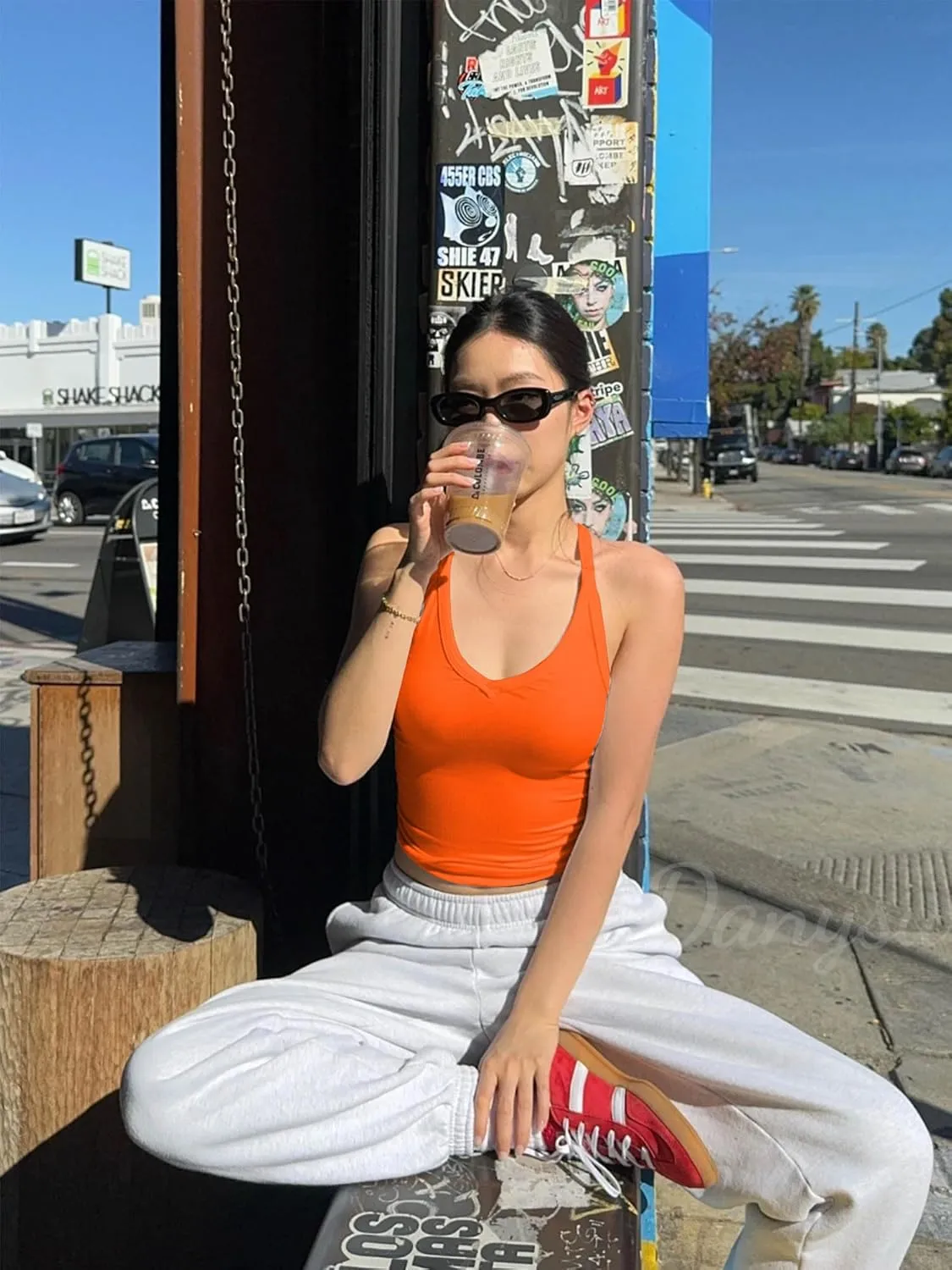 Danysu V Neck Racer Back Tank Top for Women Padded Ribbed Long Tank Fitted Basic Cami Tops