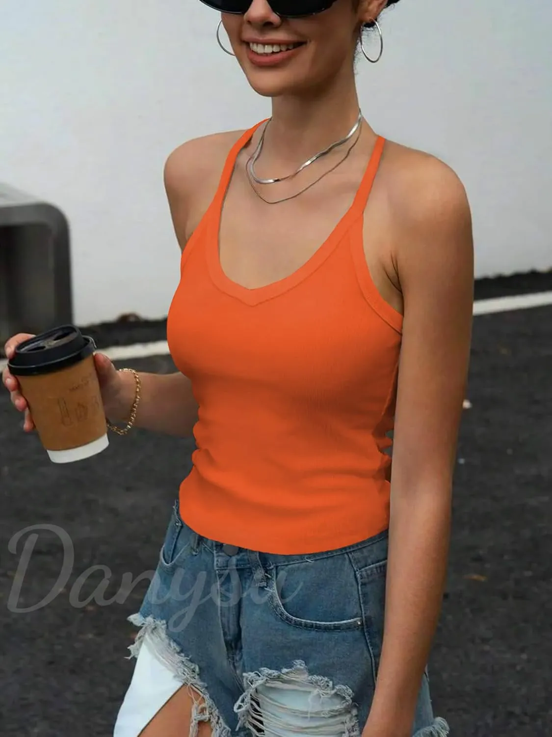 Danysu V Neck Racer Back Tank Top for Women Padded Ribbed Long Tank Fitted Basic Cami Tops