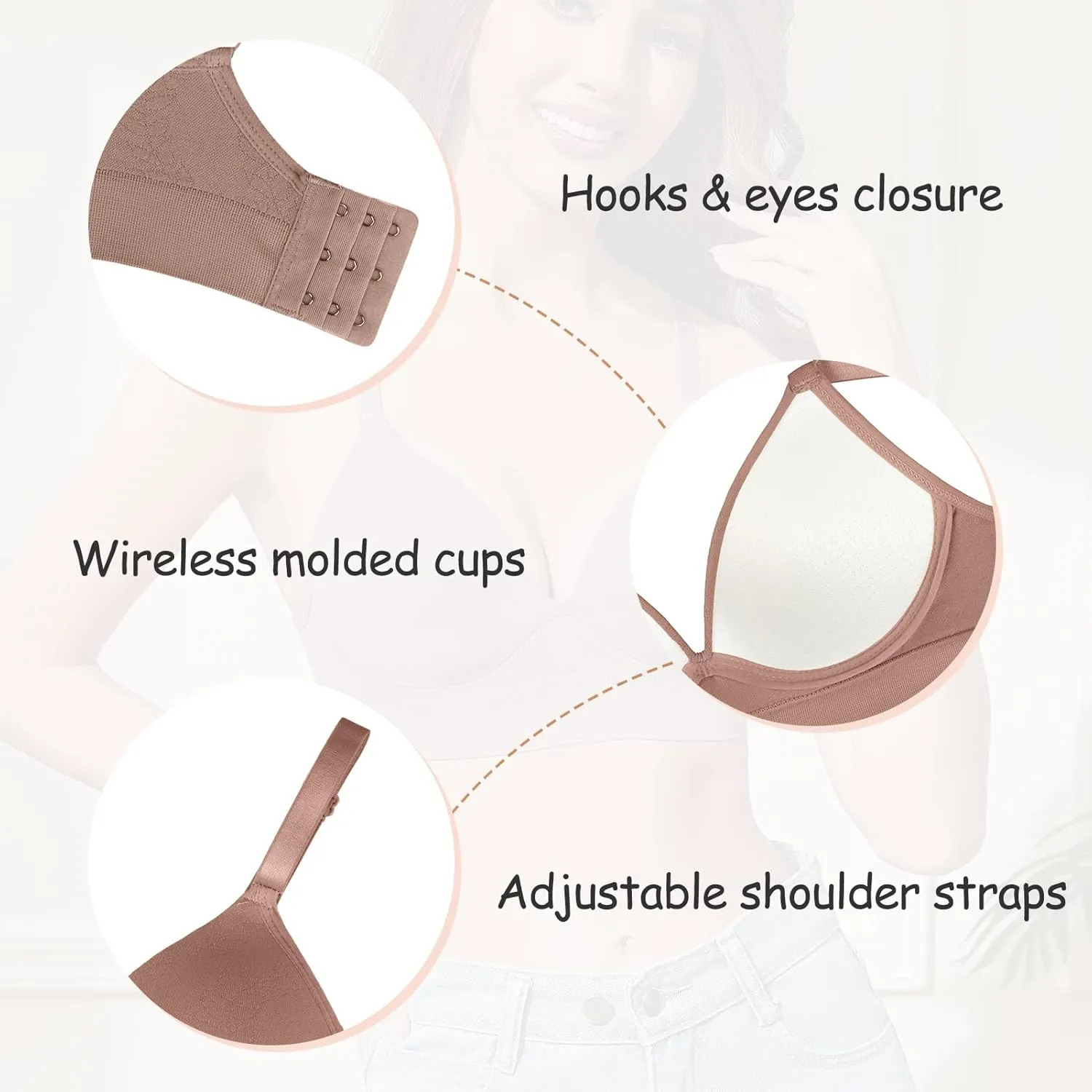 Eleplus 3 Pieces Deep V Wireless Bras for Women Seamless Comfy Bralettes Lightly Lined Multicolors Pack