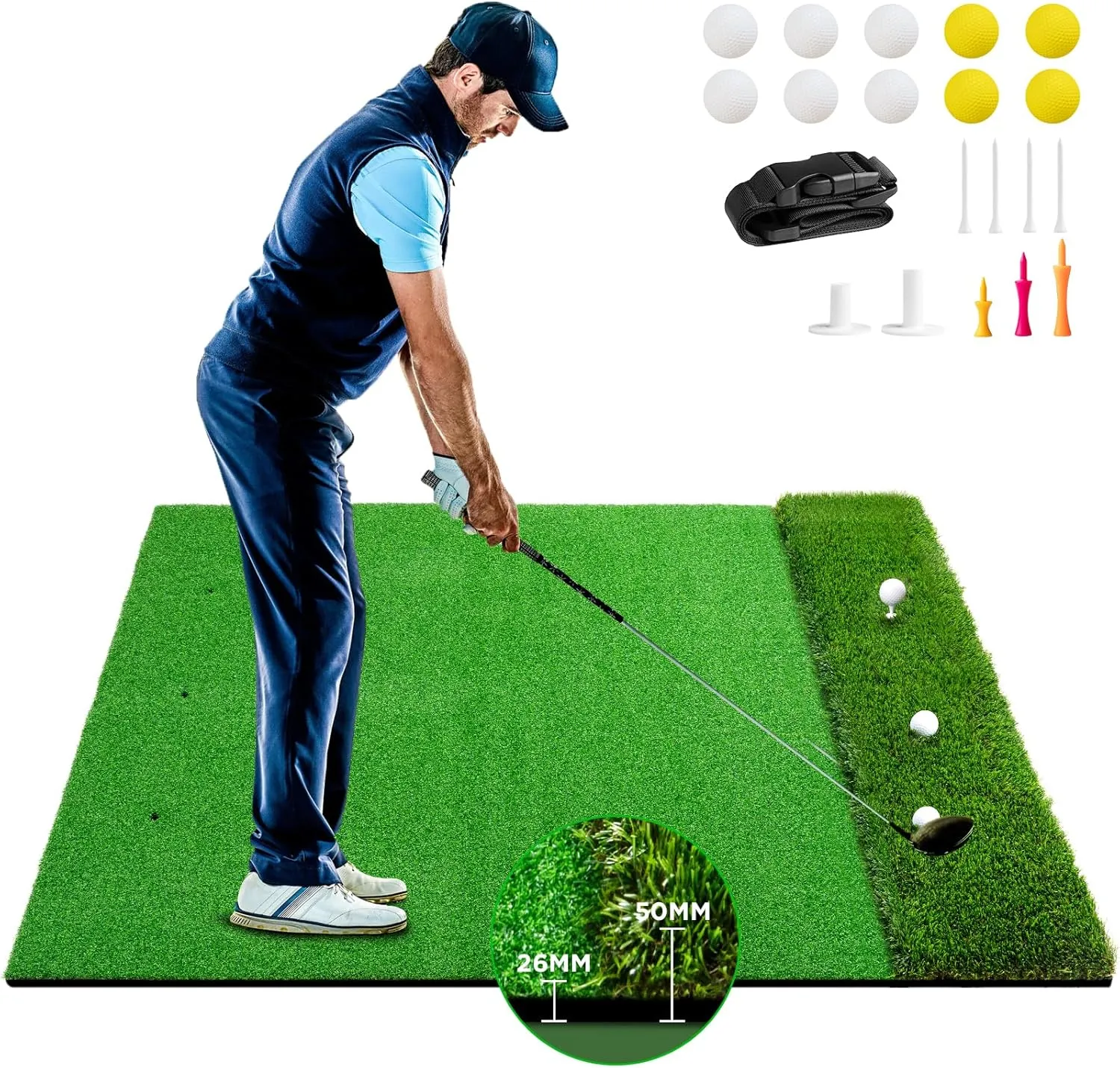 Golf Hitting Mat, 5 x 4 ft 26MM Thickened Golf Training Mat with Carry Strap Indoor Outdoor Practice Hitting Mat Ideal Golf Training Aids for Men & Golfers Gift