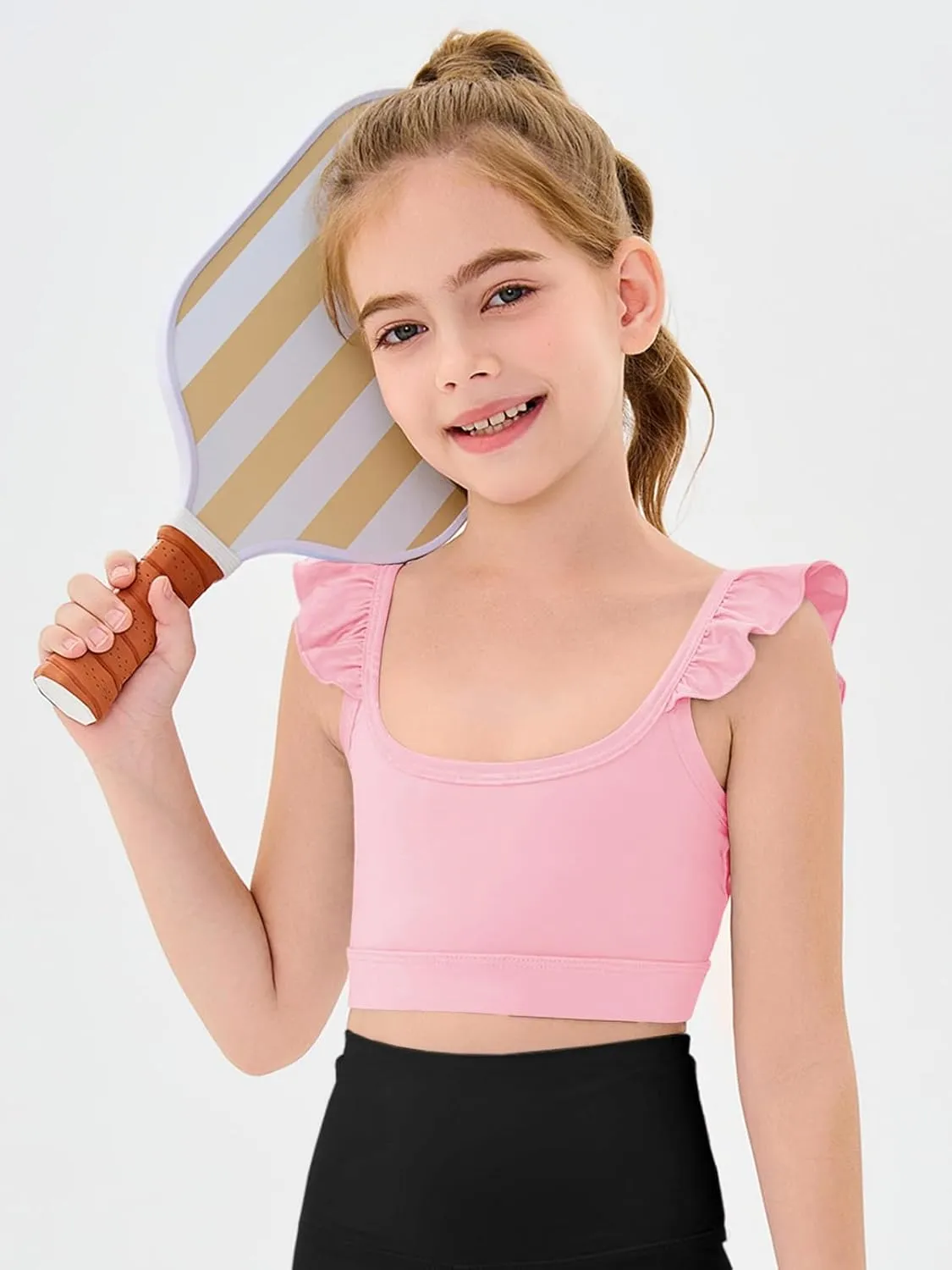 Haloumoning Girls Training Bra Kids Cute Ruffle Sports Bra Workout Yoga Bra Comfort Dance Crop Top