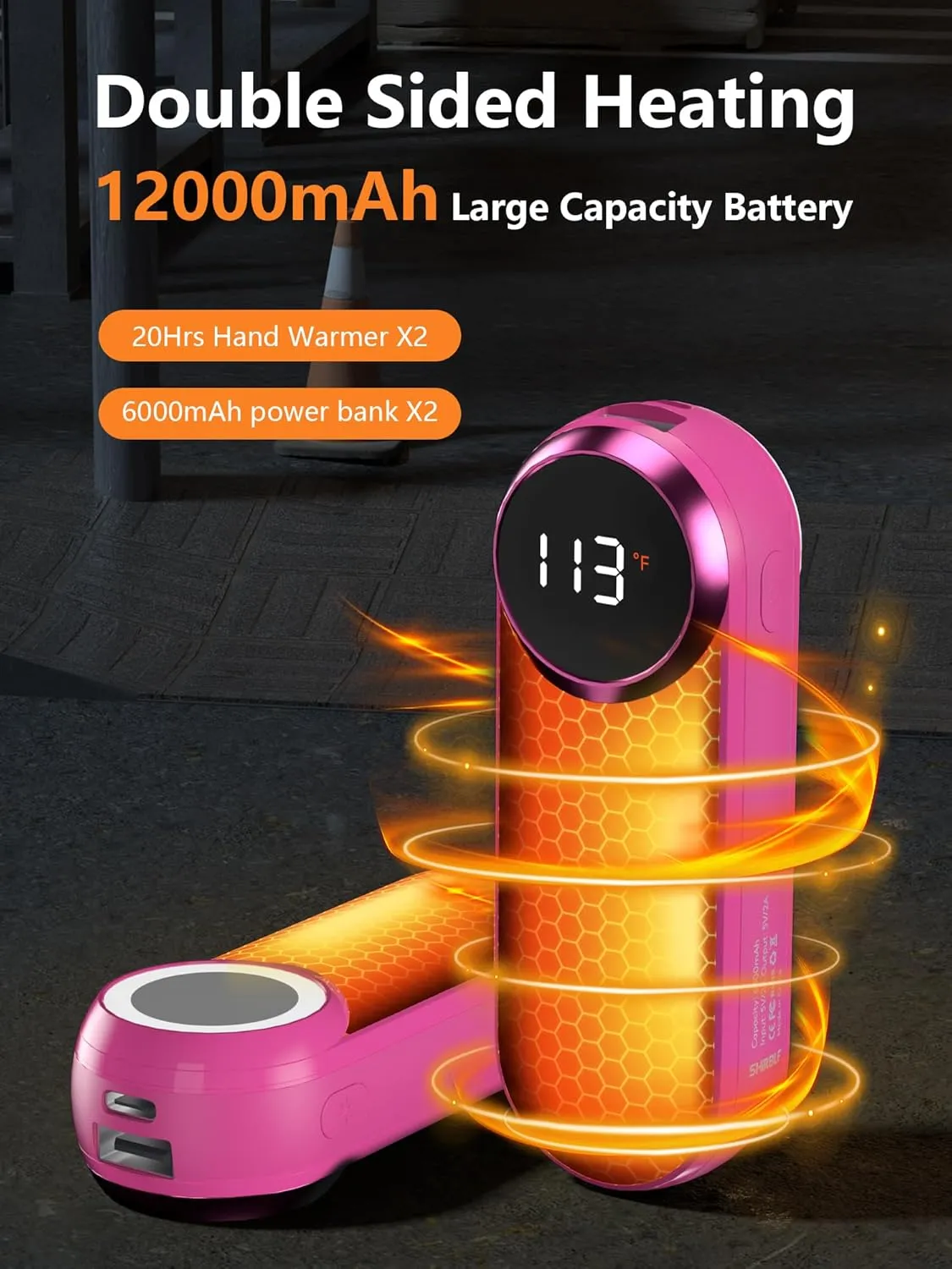Hand Warmers Rechargeable,12000mAh Electric Hand Warmers with Light, 2 Pack Pocket Hot Hands Reusable Up to 20 Hours, Double Sided Heat Portable Heater for Hunting, Camping Gear, Stocking Stuffers