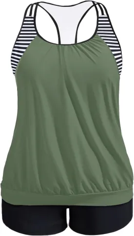 Holipick Plus Size Tankini Swimsuit for Women Two Piece Tummy Control Bathing Suit Blouson Racerback Tankini Top with Shorts