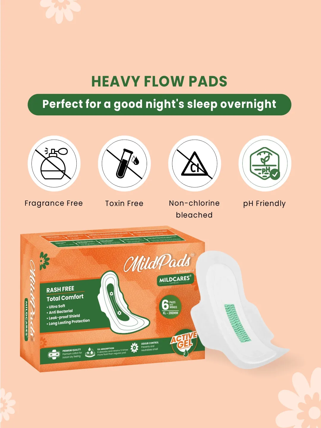 Mildcares Pad Ultra-thin Sanitary Pads XL- Advanced Protection with Anion Chip Technology | Leak-proof shield | Rash Free | Anti-Bacterial | Total Comfort XL 280mm (Pack 0f 6)