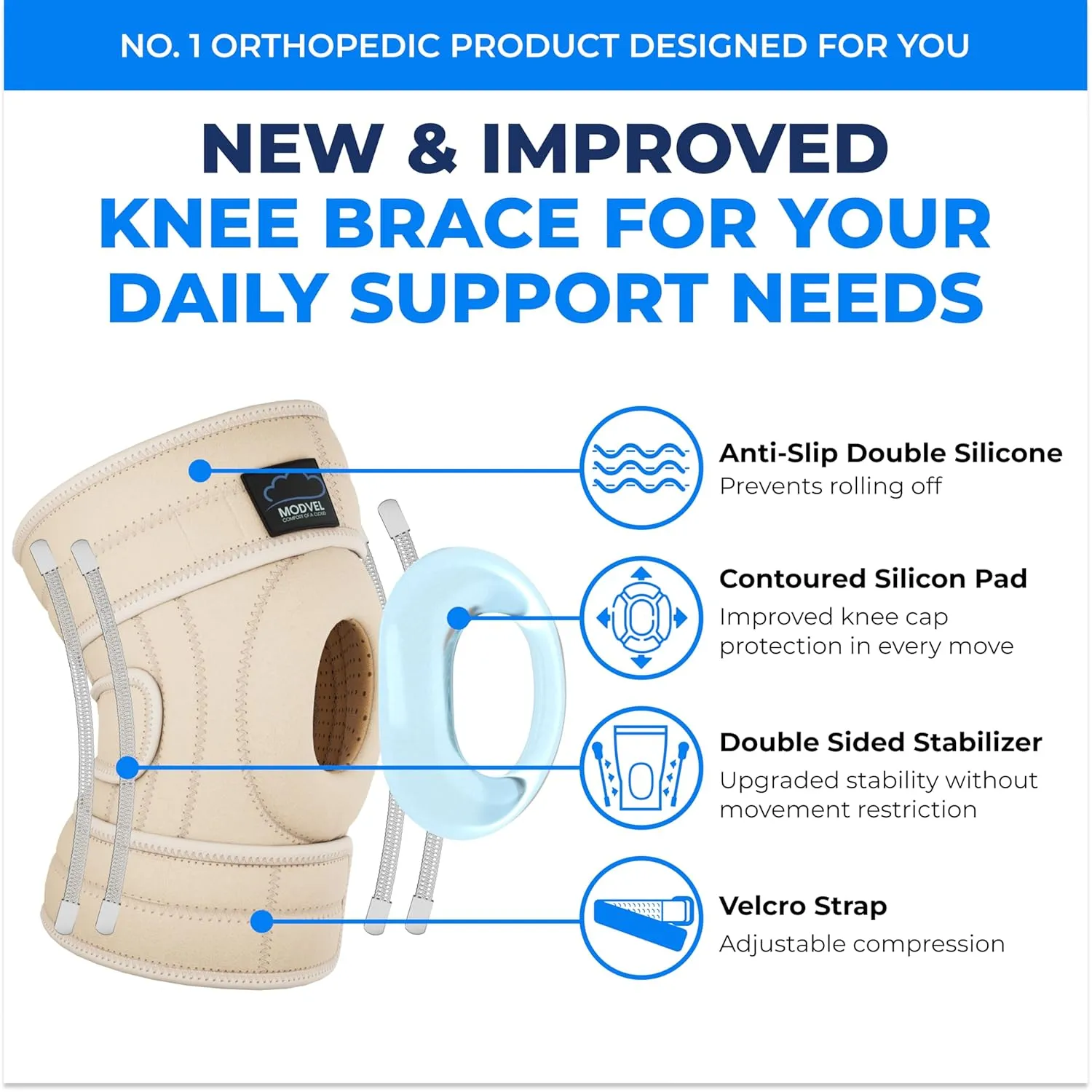 Modvel ELITE Knee Brace for Men & Women  Patella Gel Pads & Side Stabilizers for ACL, Meniscus Tear, Arthritis & Injury Recovery  Maximum Support for Running, Sports & Joint Pain Relief