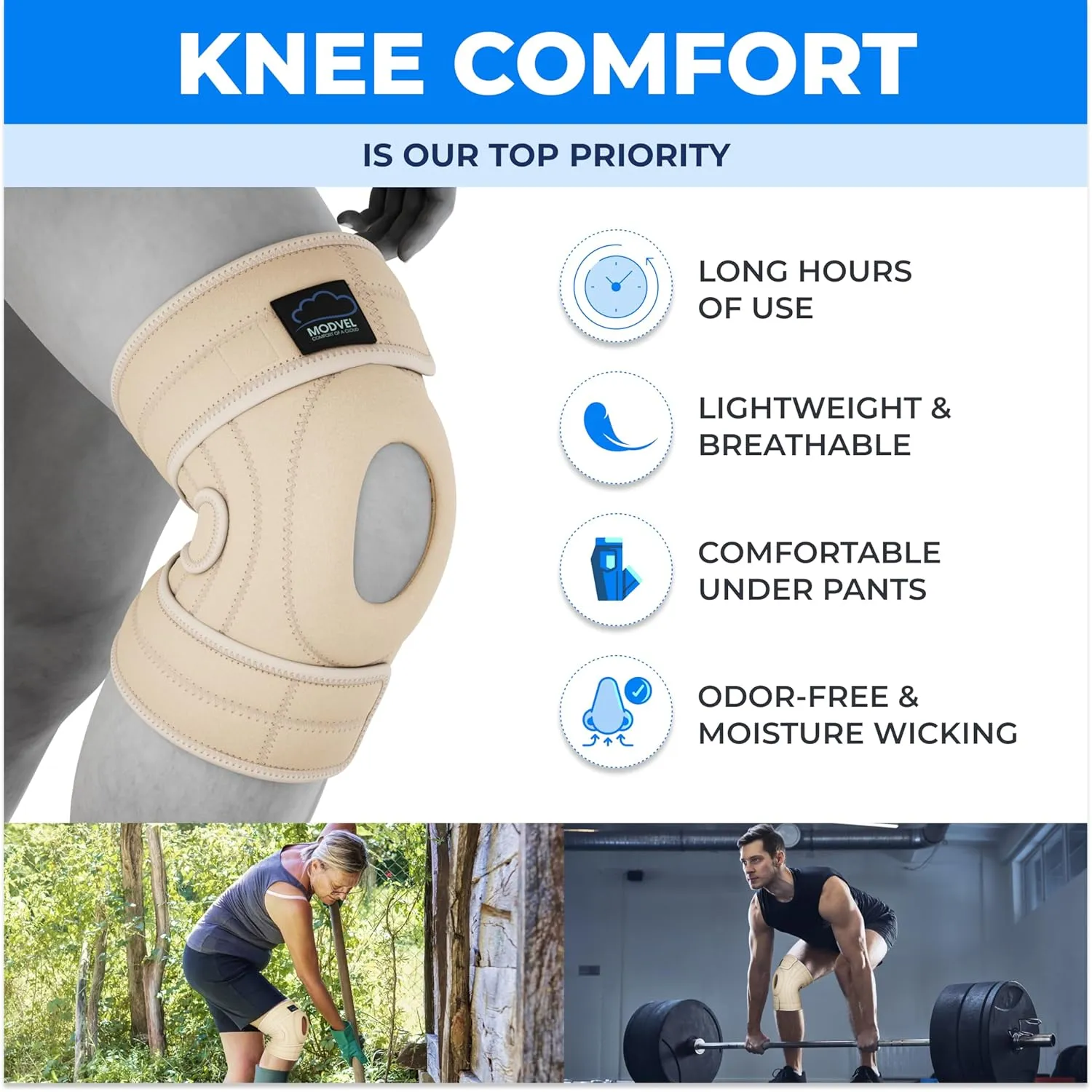 Modvel ELITE Knee Brace for Men & Women  Patella Gel Pads & Side Stabilizers for ACL, Meniscus Tear, Arthritis & Injury Recovery  Maximum Support for Running, Sports & Joint Pain Relief