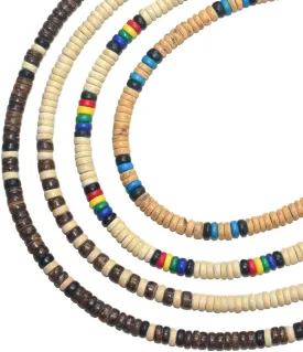 Native Treasure (4 Pack) Mens and Womens Tropical Summer Beach Surfer Necklaces From the Philippines, Mixed Brown and Color Fast Coconut Beads