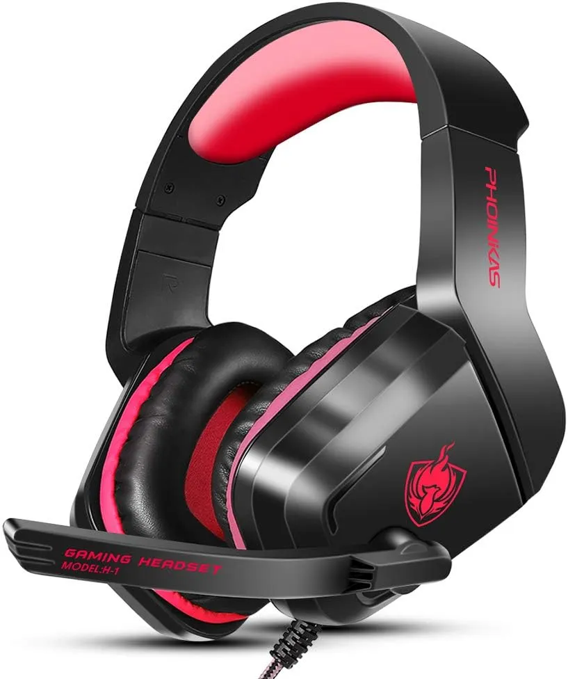 PHOINIKAS H1 Gaming Headset for PS4, Xbox One, PC, Laptop, Switch, Xbox One Headset with Noise-Cancelling Mic, Over Ear Headphones with Bass Surround - Red