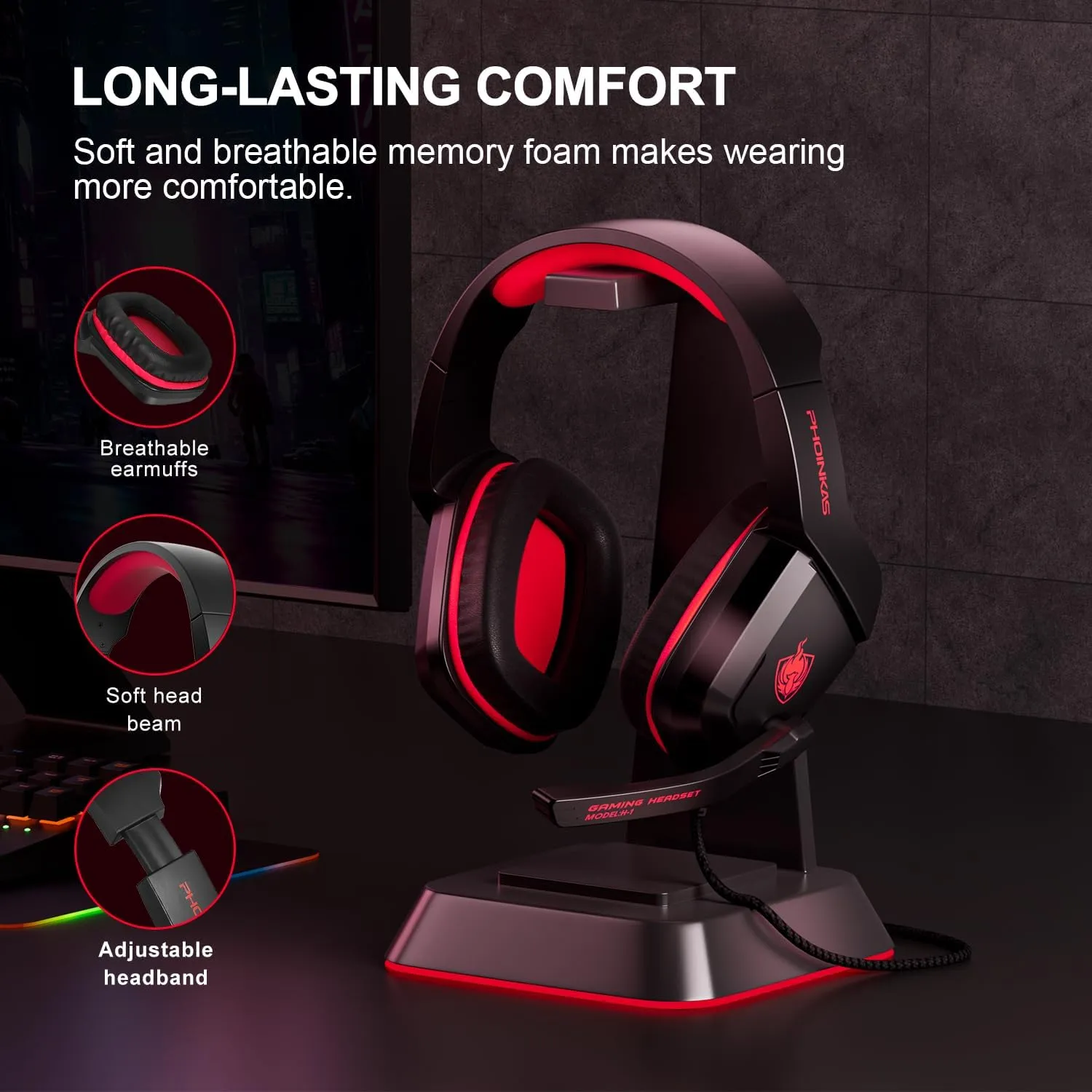 PHOINIKAS H1 Gaming Headset for PS4, Xbox One, PC, Laptop, Switch, Xbox One Headset with Noise-Cancelling Mic, Over Ear Headphones with Bass Surround - Red