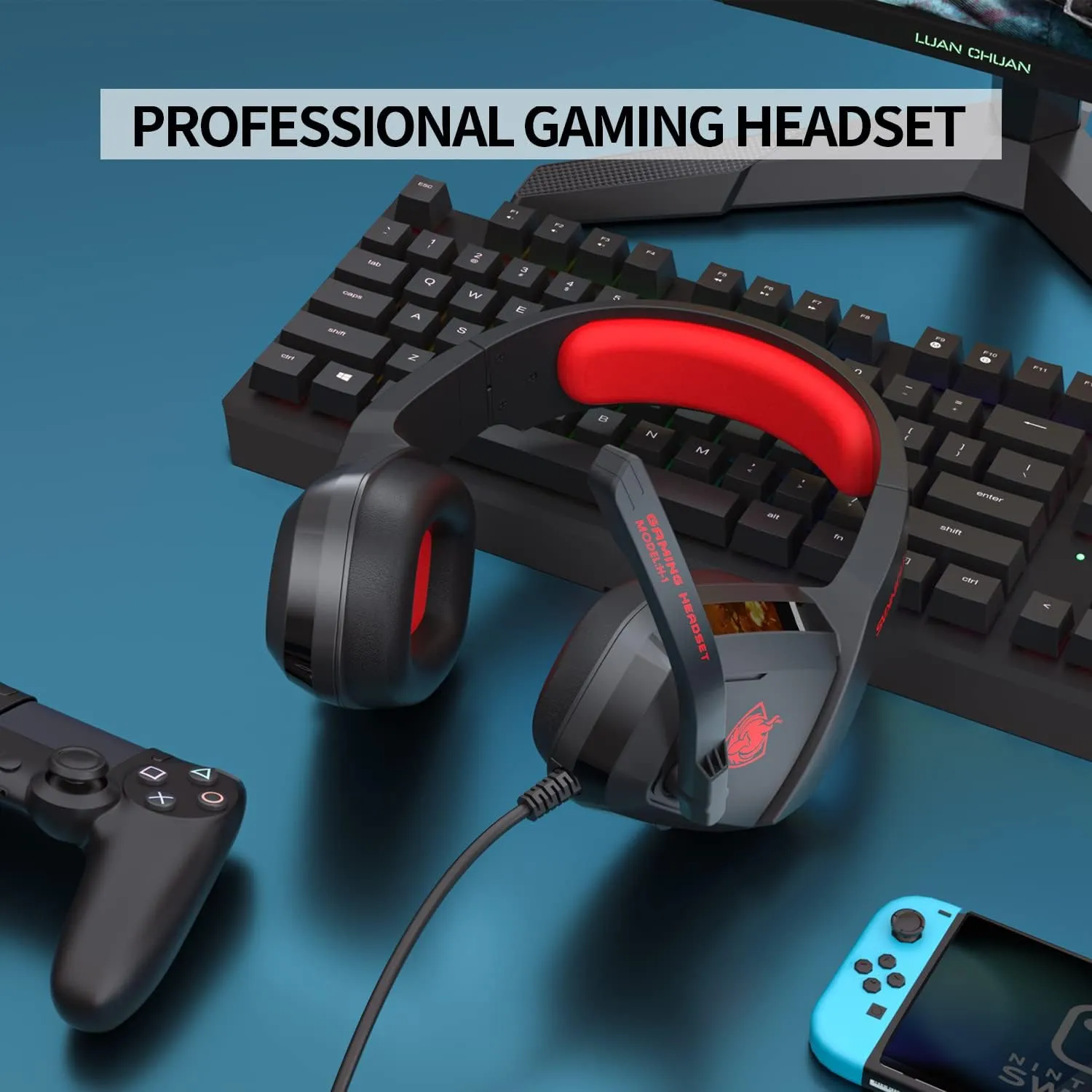 PHOINIKAS H1 Gaming Headset for PS4, Xbox One, PC, Laptop, Switch, Xbox One Headset with Noise-Cancelling Mic, Over Ear Headphones with Bass Surround - Red