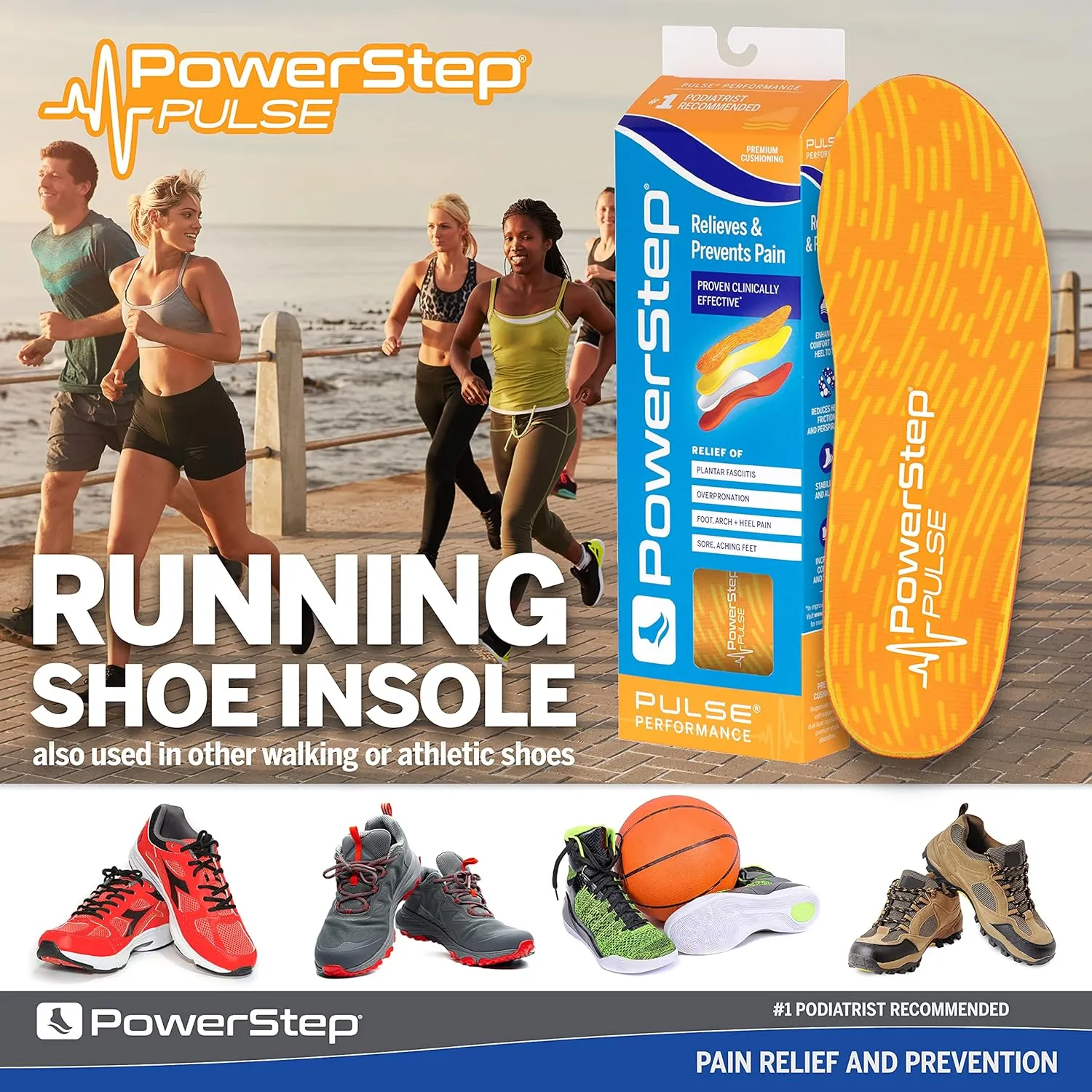 PowerStep Insoles, Pulse Performance, Running Shoe Pain Relief Insert, Athletic Arch Support Orthotic for Women and Men - Made in The USA (M 10-10.5, F 12)
