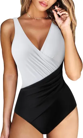 RXRXCOCO Womens One Piece Swimsuits Tummy Control Ruched Criss Cross Bathing Suits V Neck Slimming Swimwear