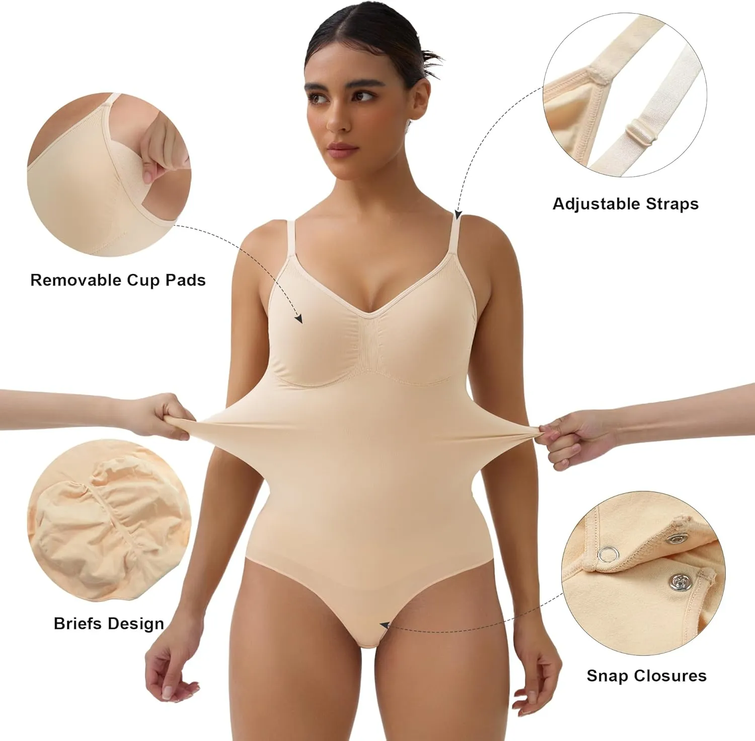 SHAPERX Women's Bra Free Bodysuits Tummy Control Shapewear Mid Thigh Body Shaper with Removable Pads