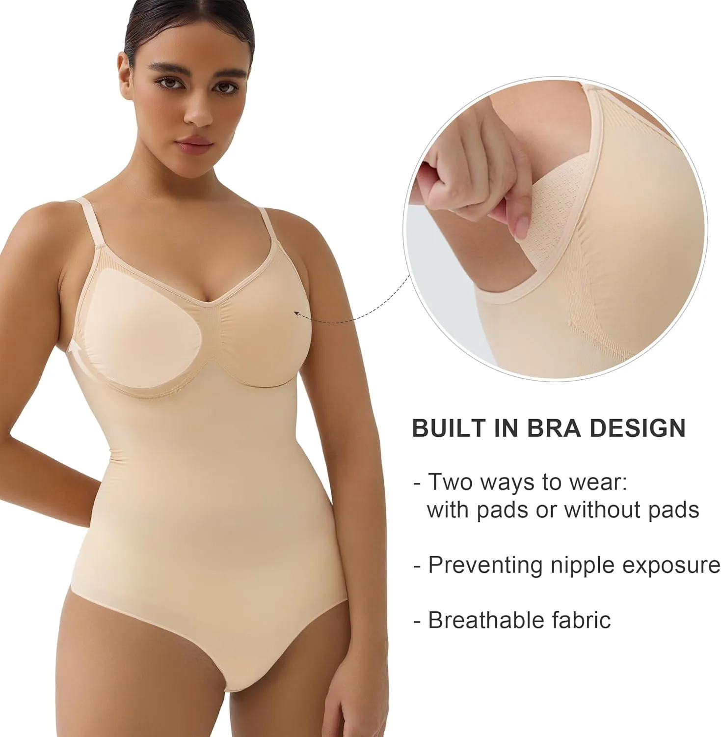SHAPERX Women's Bra Free Bodysuits Tummy Control Shapewear Mid Thigh Body Shaper with Removable Pads