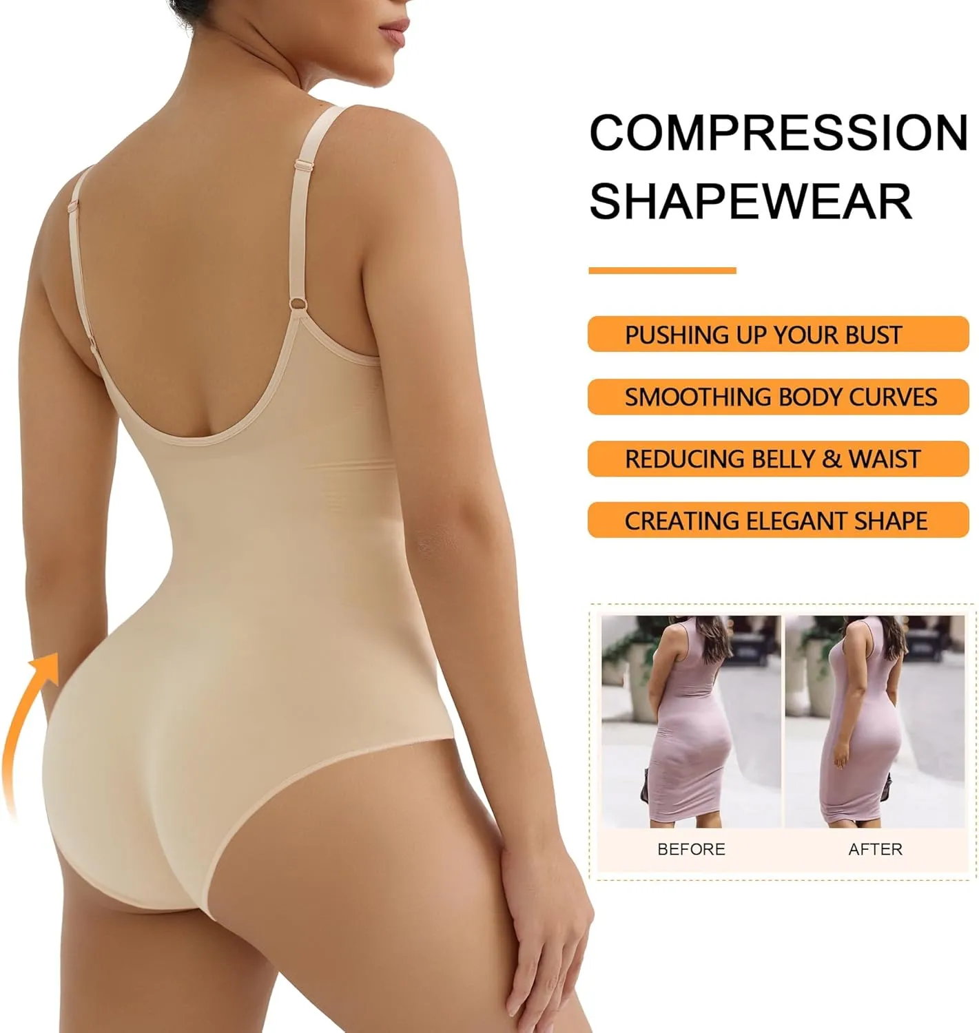 SHAPERX Women's Bra Free Bodysuits Tummy Control Shapewear Mid Thigh Body Shaper with Removable Pads