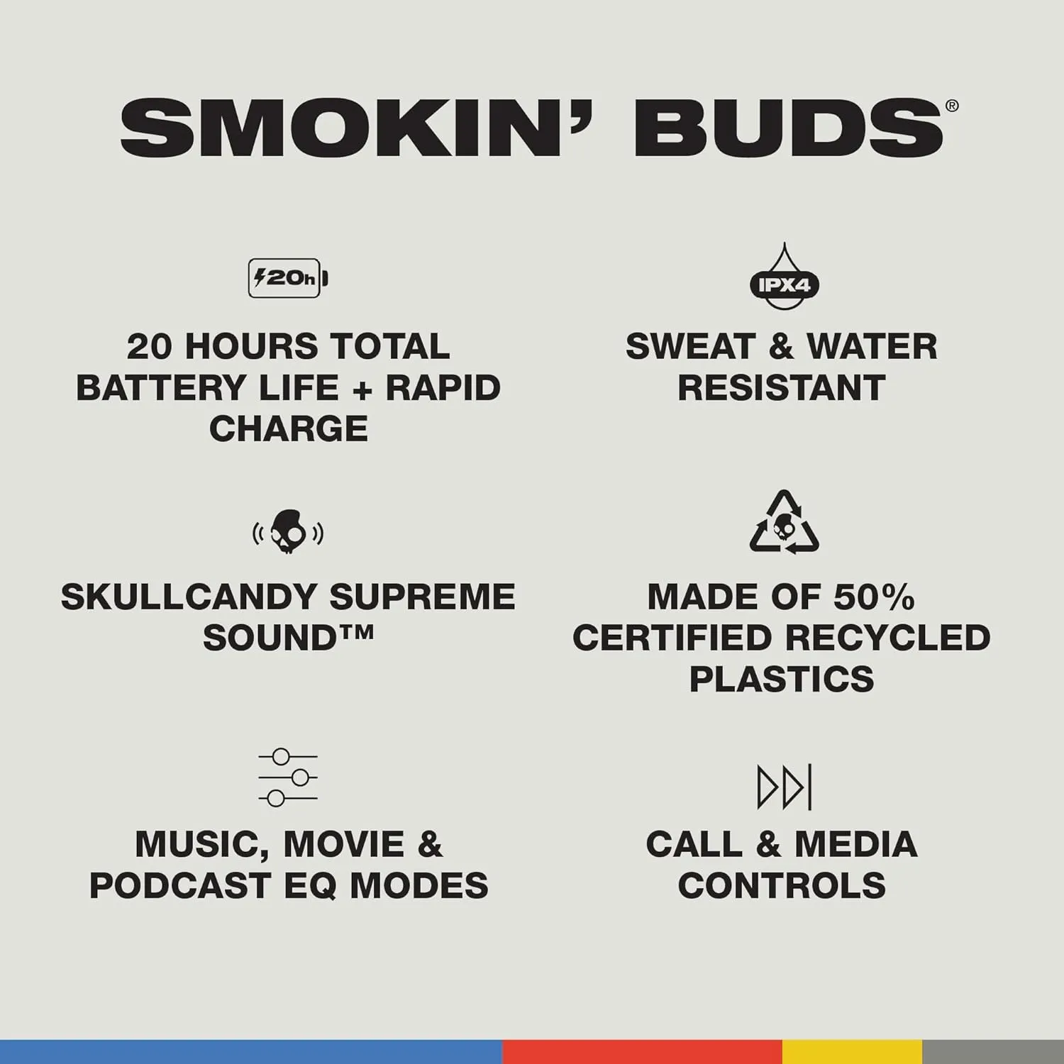 Skullcandy Smokin Buds Wireless Earbuds, Bluetooth Headphones, Noise Isolating Fit, Up to 20 Hours Battery, IPX4 Sweat and Water Resistant, Microphone for iPhone Android - Bone