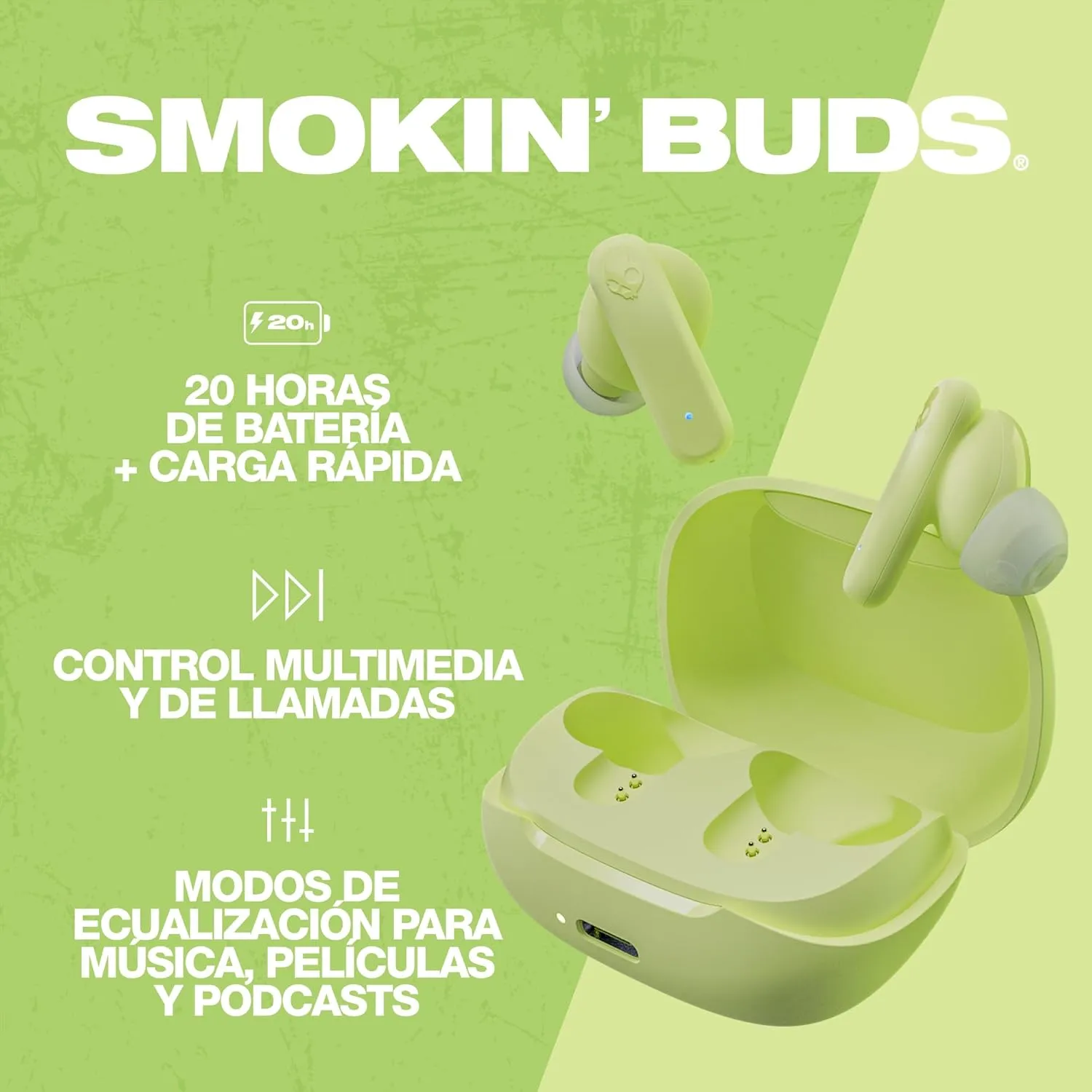 Skullcandy Smokin Buds Wireless Earbuds, Bluetooth Headphones, Noise Isolating Fit, Up to 20 Hours Battery, IPX4 Sweat and Water Resistant, Microphone for iPhone Android - Matcha