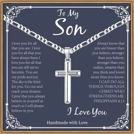 Son Gifts: Silver/Black Cross Necklace Cuban Chain for Him - Fathers Day, Christmas, Baptism, Birthday Gifts