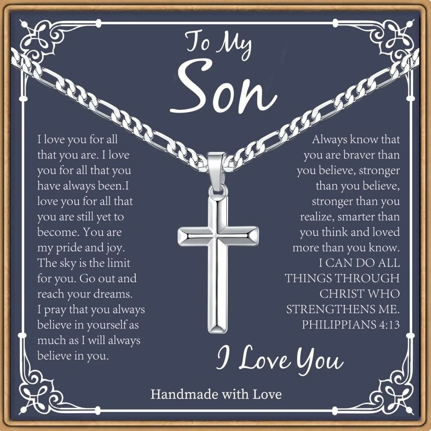 Son Gifts: Silver/Black Cross Necklace Cuban Chain for Him - Fathers Day, Christmas, Baptism, Birthday Gifts