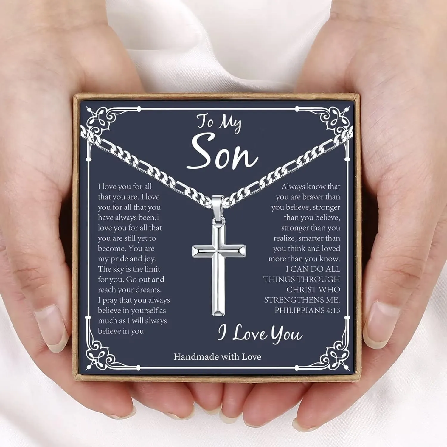 Son Gifts: Silver/Black Cross Necklace Cuban Chain for Him - Fathers Day, Christmas, Baptism, Birthday Gifts