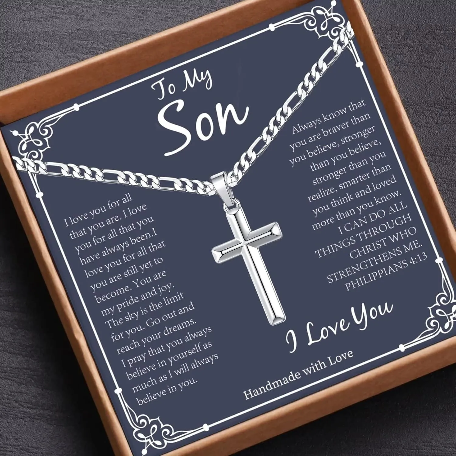 Son Gifts: Silver/Black Cross Necklace Cuban Chain for Him - Fathers Day, Christmas, Baptism, Birthday Gifts