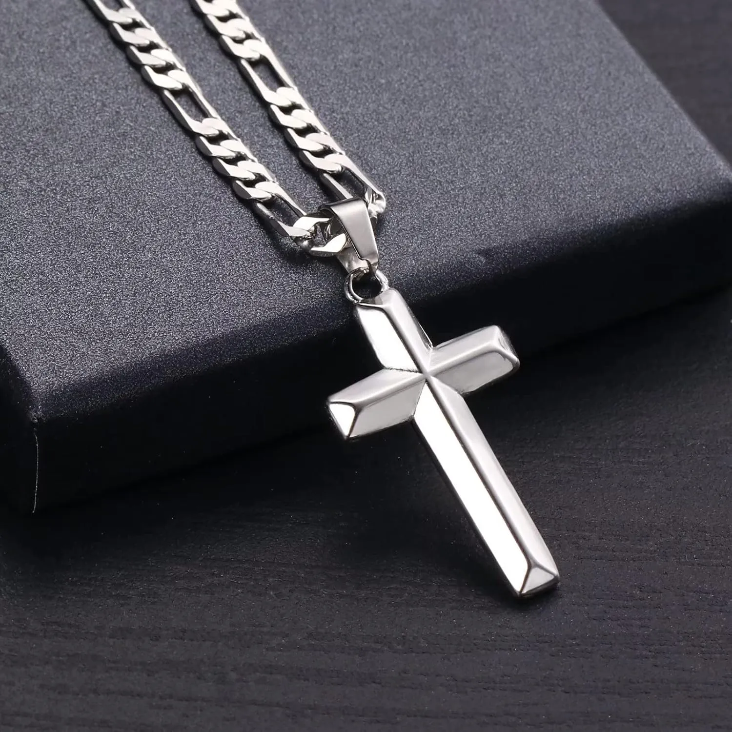 Son Gifts: Silver/Black Cross Necklace Cuban Chain for Him - Fathers Day, Christmas, Baptism, Birthday Gifts