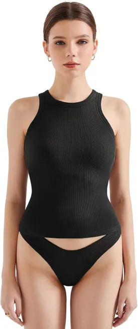 SUUKSESS Women Padded Cotton Ribbed Tank Tops 2025 High Neck Racerback Basic Tops