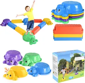 Turtle Balancing Stepping Stones - 10-Piece Set of Interactive Sound Toys for Kids, Holds 176 Pounds, Great for Indoor and Outdoor Toddler Obstacle Training, Improves Balance (redyellowgreenblue10)