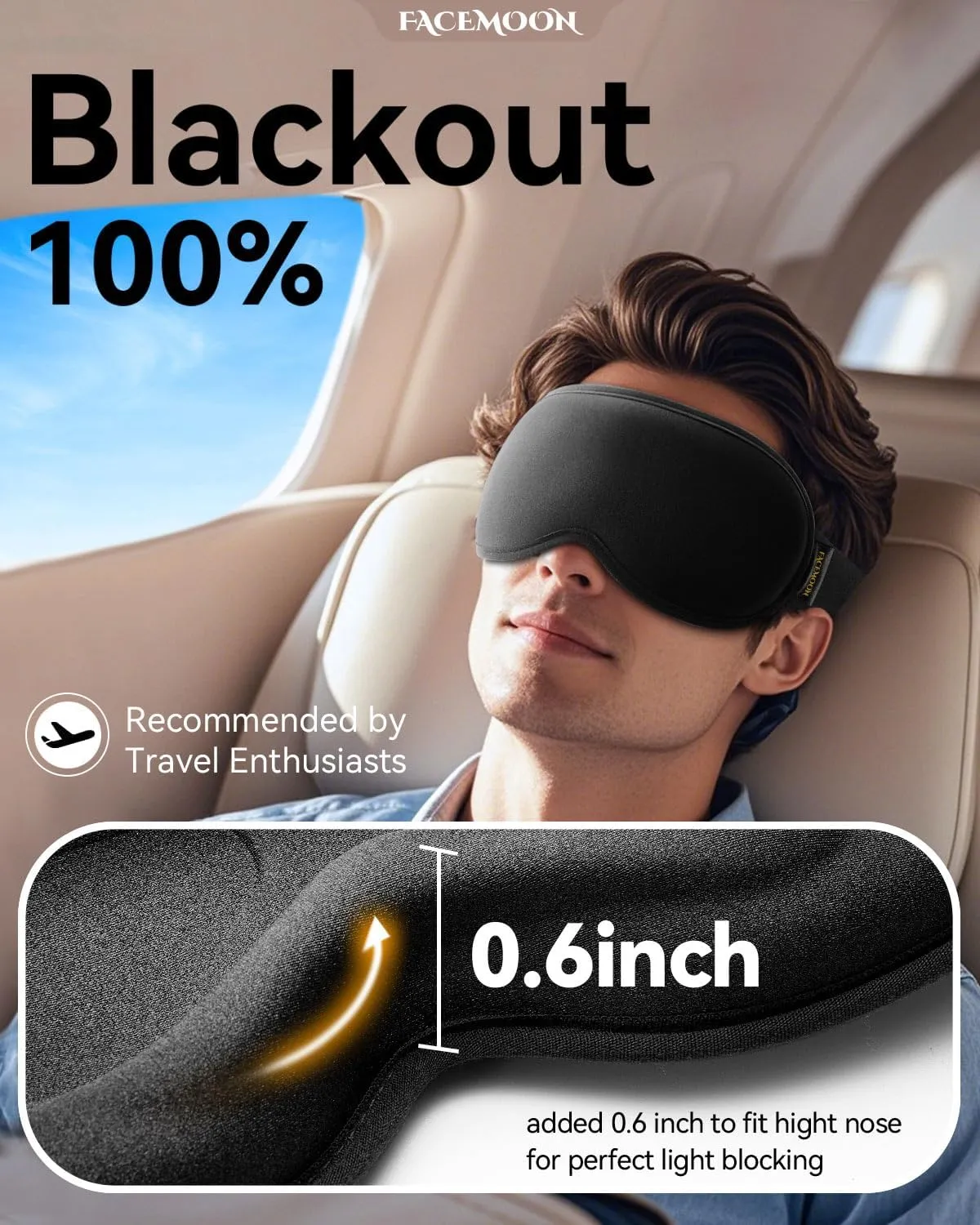 Weighted Sleep Mask for Men Blackout: 3D Contoured Eye Cover for Eyelashes - Adjustable Strap Washable Zero Eye Pressure - Meditation Yoga Airplane Travel Black
