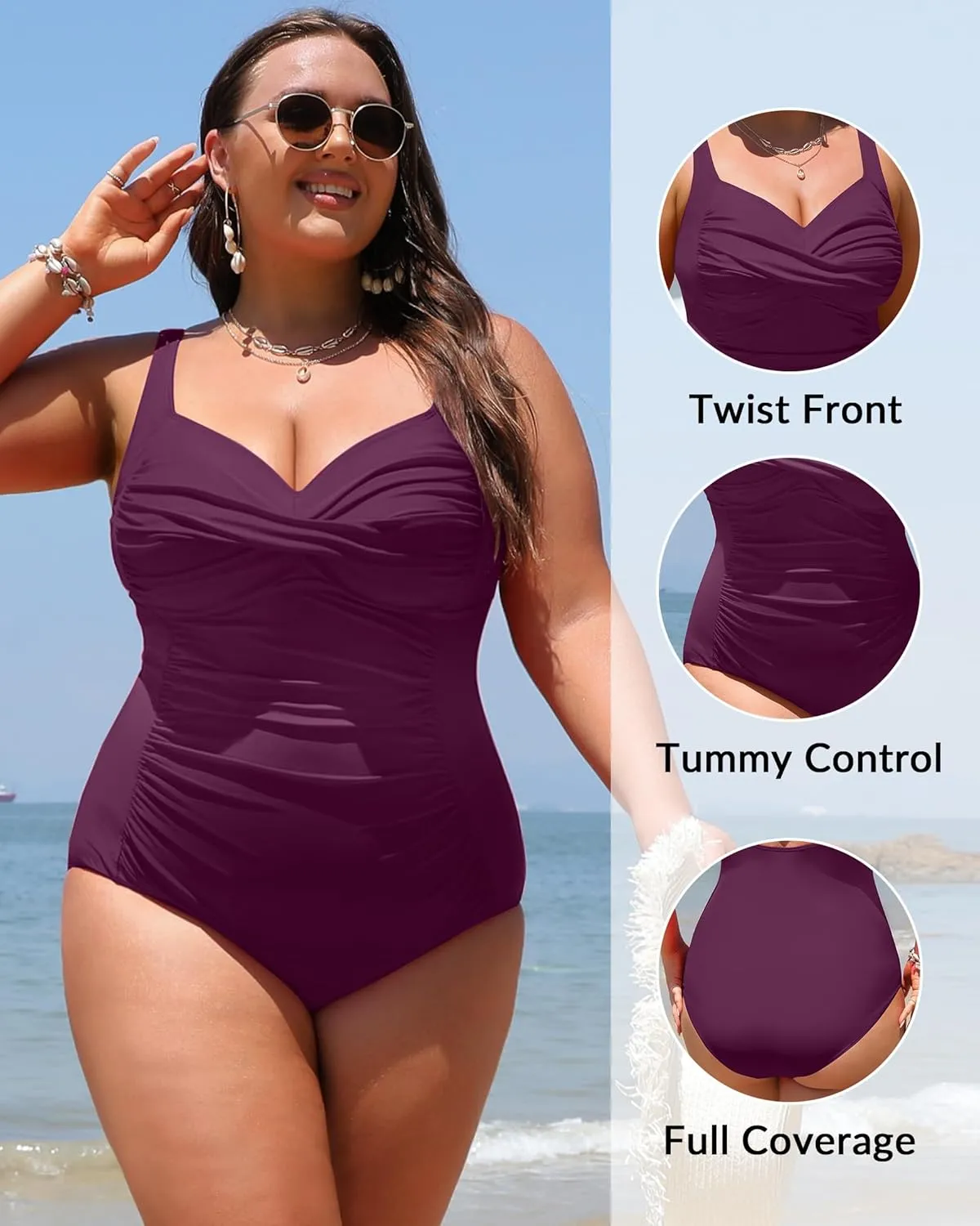 Yonique Women Plus Size One Piece Swimsuits Tummy Control Bathing Suits Twist Front Ruched Swimwear
